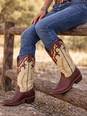 🐎BOULET🐎 #4123 Pale butter yellow & chestnut cowgirl buckaroo boots sz 8